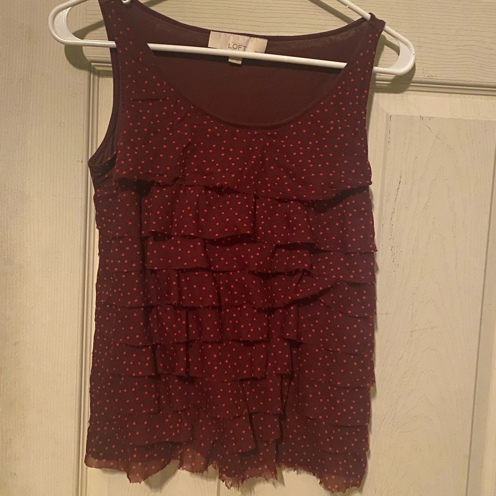 LOFT burgundy ruffle sleeveless top w pink dots